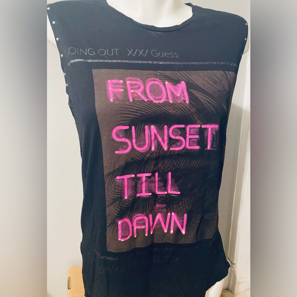 NEW GUESS BLACK & PINK BIKER STYLE GRAPHIC MESH TANK